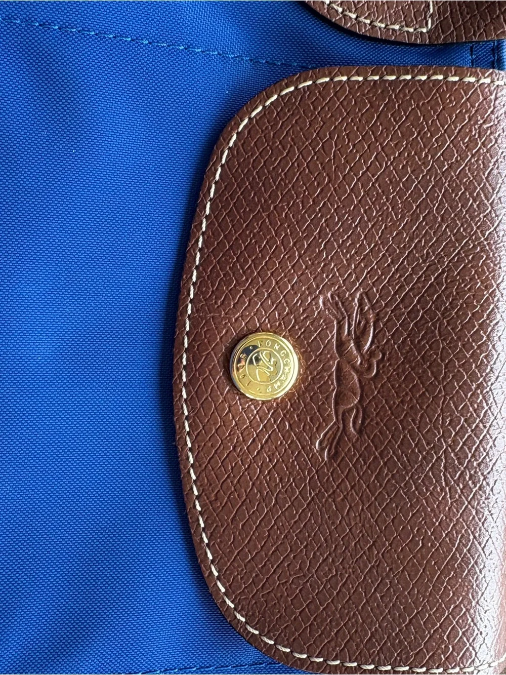 Longchamp Le Pliage Blue Nylon Tote with Brown Leather Trim
